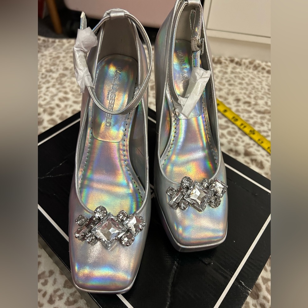 Karl Lagerfeld Silver Iridescent Heels with Crystal Accents